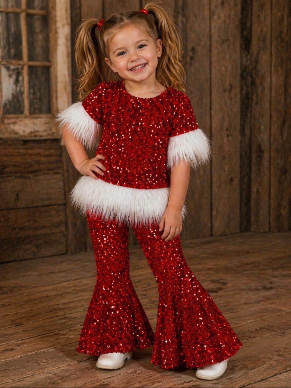 Red Sequin Holiday Top & Bell Bottom Set with White Faux Fur Trim